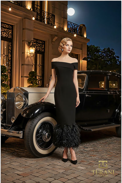 Terani Couture 252C5033 Elegant Sophisticated Off-Shoulder Sheath Formal Scuba Dress