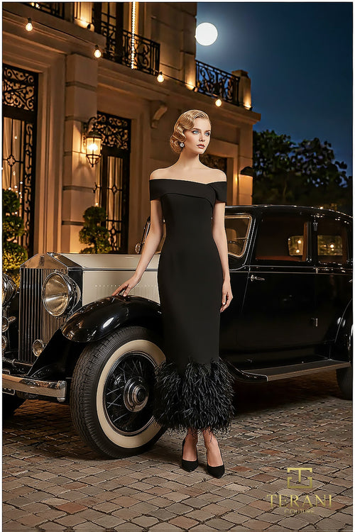 Terani Couture 252C5033 Elegant Sophisticated Off-Shoulder Sheath Formal Scuba Dress