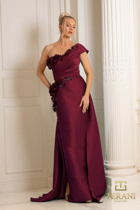 Clearance Wine Size 10 Glamorous Prom One-Shoulder Long Evening Stretch Mikado Dress By Terani Couture 252E5116