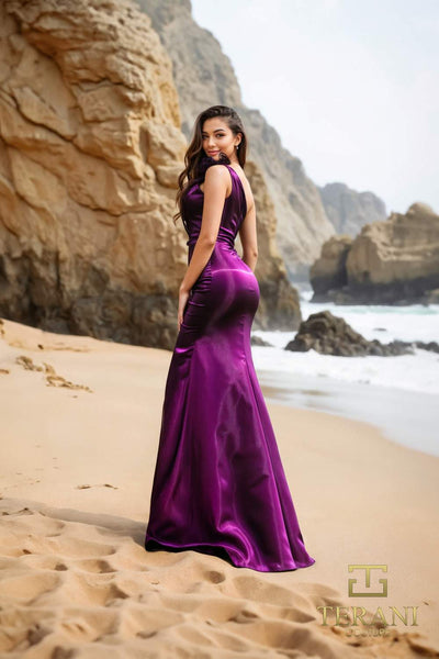 Terani Couture 252E5516 Elegant Prom One-Shoulder Draped Formal Shimmer Organza Dress
