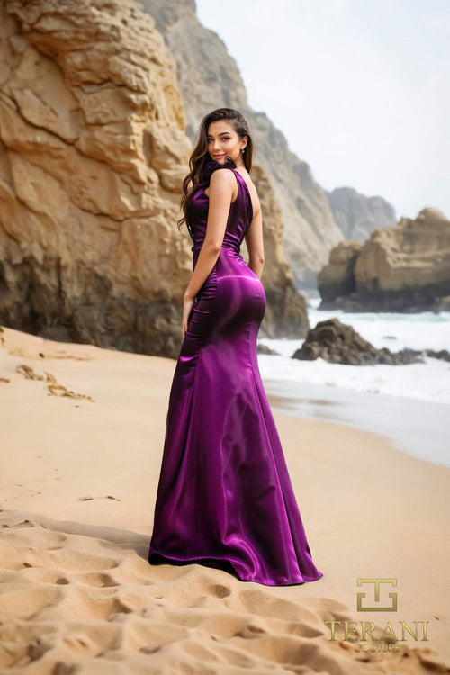 Terani Couture 252E5516 Elegant Prom One-Shoulder Draped Formal Shimmer Organza Dress