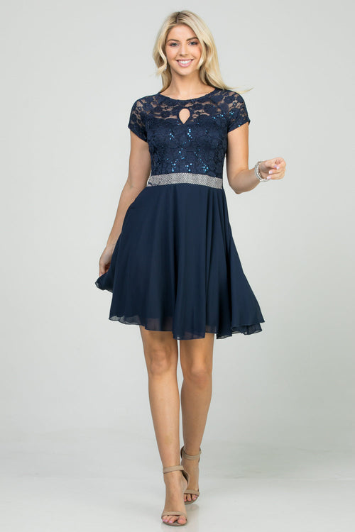 Cap Sleeve Keyhole Lace Fit and Flare Dress with Rhinestone Waist by LA Scala 25390