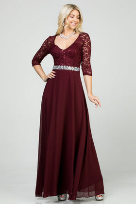 Plus Size Three-Quarter Sleeve Lace Chiffon A-Line Evening Gown by LA Scala 25434