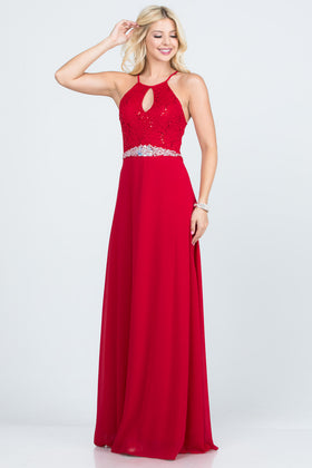 Keyhole Sequin Lace Chiffon A-Line Evening Gown with Rhinestone Waist by LA Scala 25485