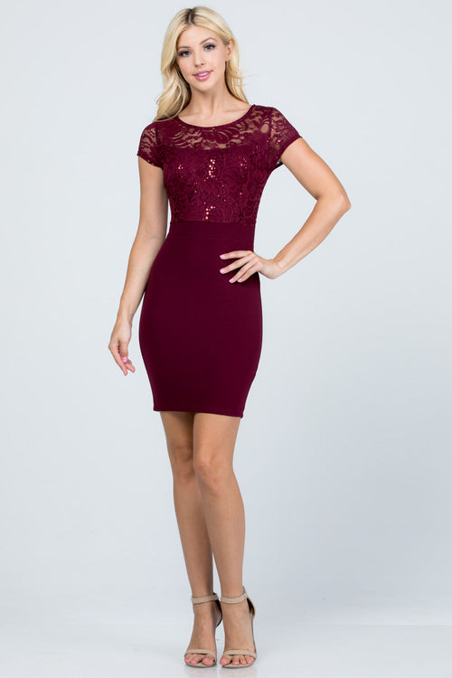 Short Sleeve Sequin Lace Scuba Crepe Pencil Cocktail Dress by LA Scala 25488