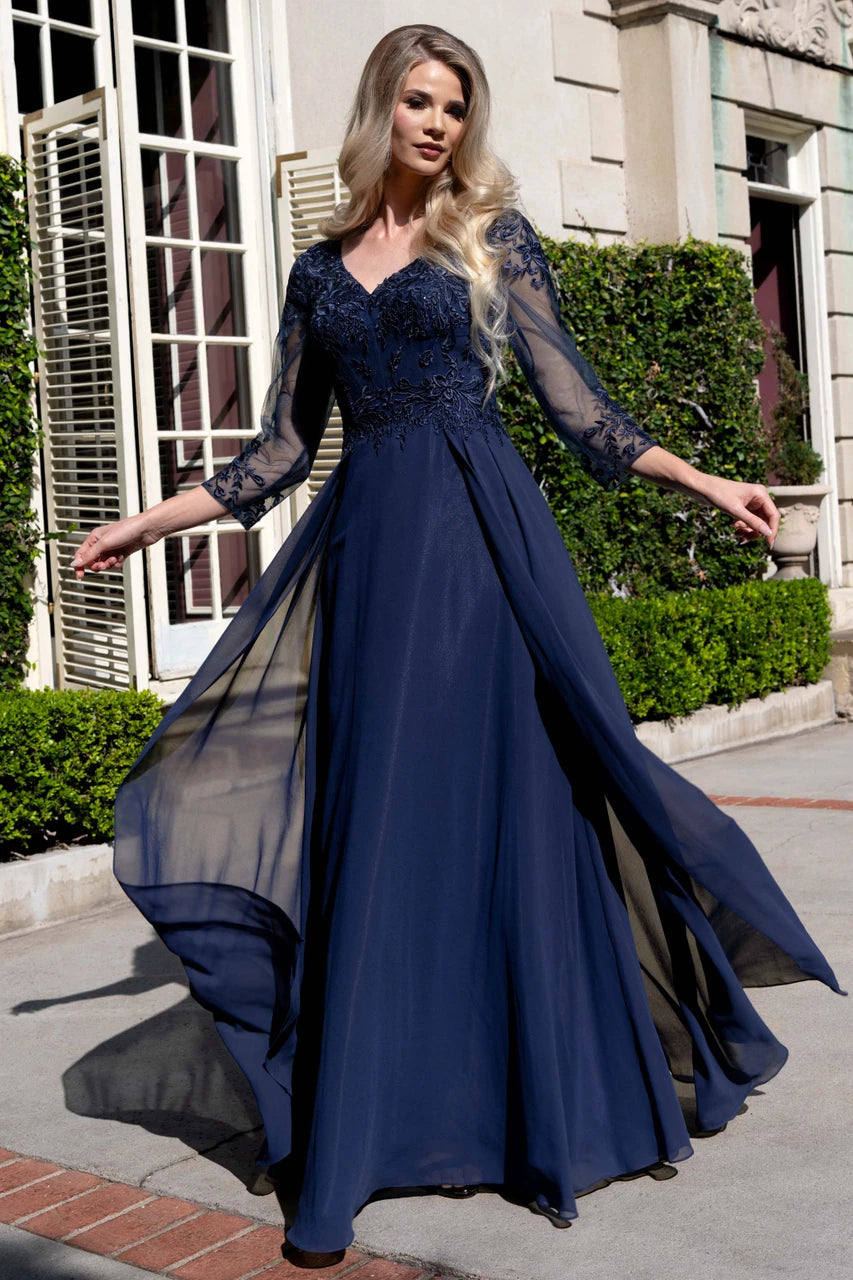 3/4 Sleeves V-Neck Mother of the Bride Dress with Embroidered Lace Appliqué Bodice by Lenovia 8436