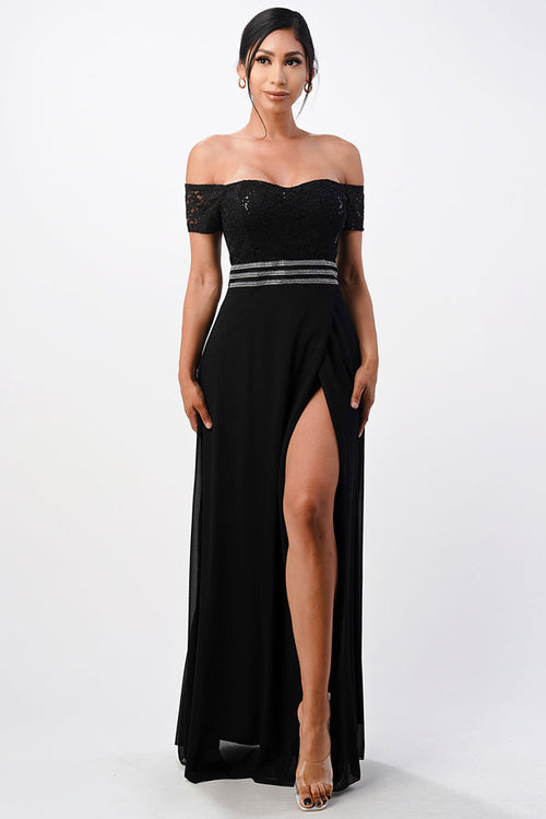 Off Shoulder Sequin Lace and Chiffon Evening Gown with Slit by LA Scala 25555