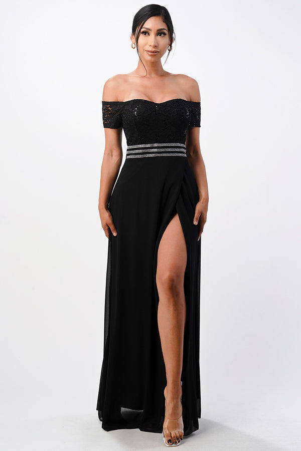 Off Shoulder Sequin Lace and Chiffon Evening Gown with Slit by LA Scala 25555