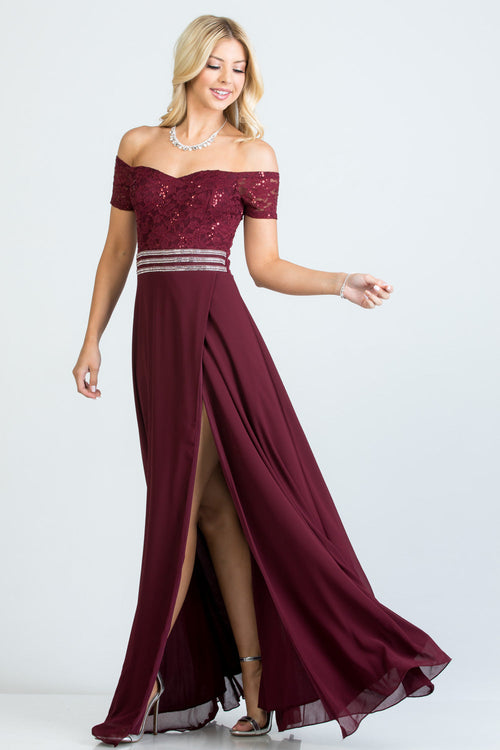 Off Shoulder Sequin Lace and Chiffon Evening Gown with Slit by LA Scala 25555