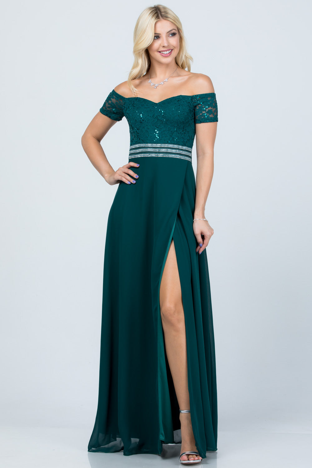 Off Shoulder Sequin Lace and Chiffon Evening Gown with Slit by LA Scala 25555