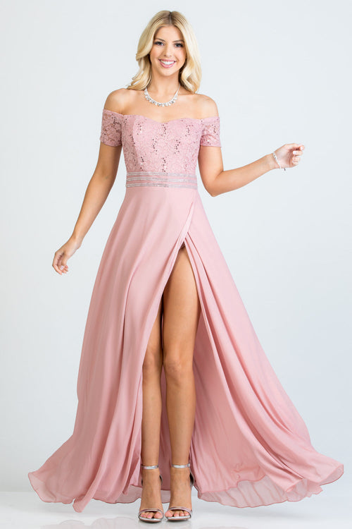 Off Shoulder Sequin Lace and Chiffon Evening Gown with Slit by LA Scala 25555