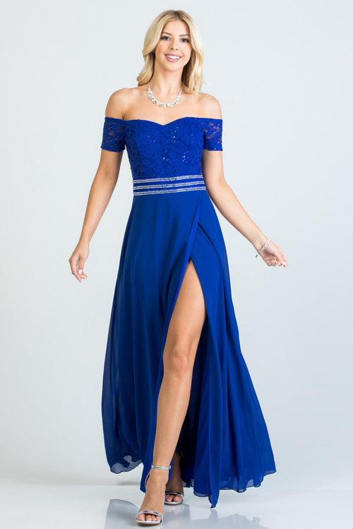 Off Shoulder Sequin Lace and Chiffon Evening Gown with Slit by LA Scala 25555