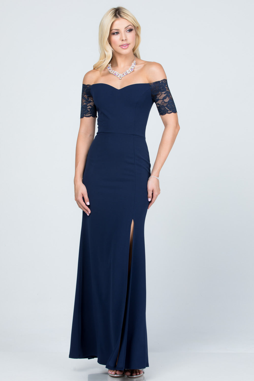Off Shoulder Lace Sleeve Scuba Crepe Mermaid Evening Gown with Slit by LA Scala 25612
