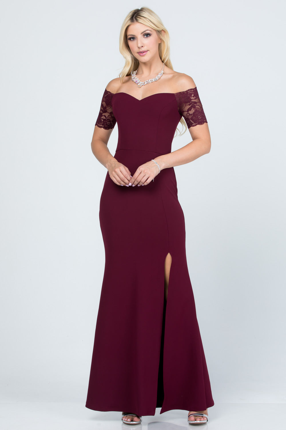 Off Shoulder Lace Sleeve Scuba Crepe Mermaid Evening Gown with Slit by LA Scala 25612