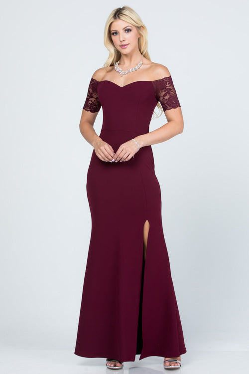 Off Shoulder Lace Sleeve Scuba Crepe Mermaid Evening Gown with Slit by LA Scala 25612