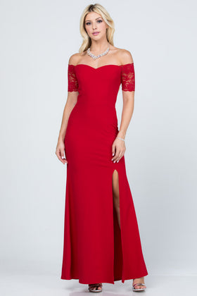 Off Shoulder Lace Sleeve Scuba Crepe Mermaid Evening Gown with Slit by LA Scala 25612
