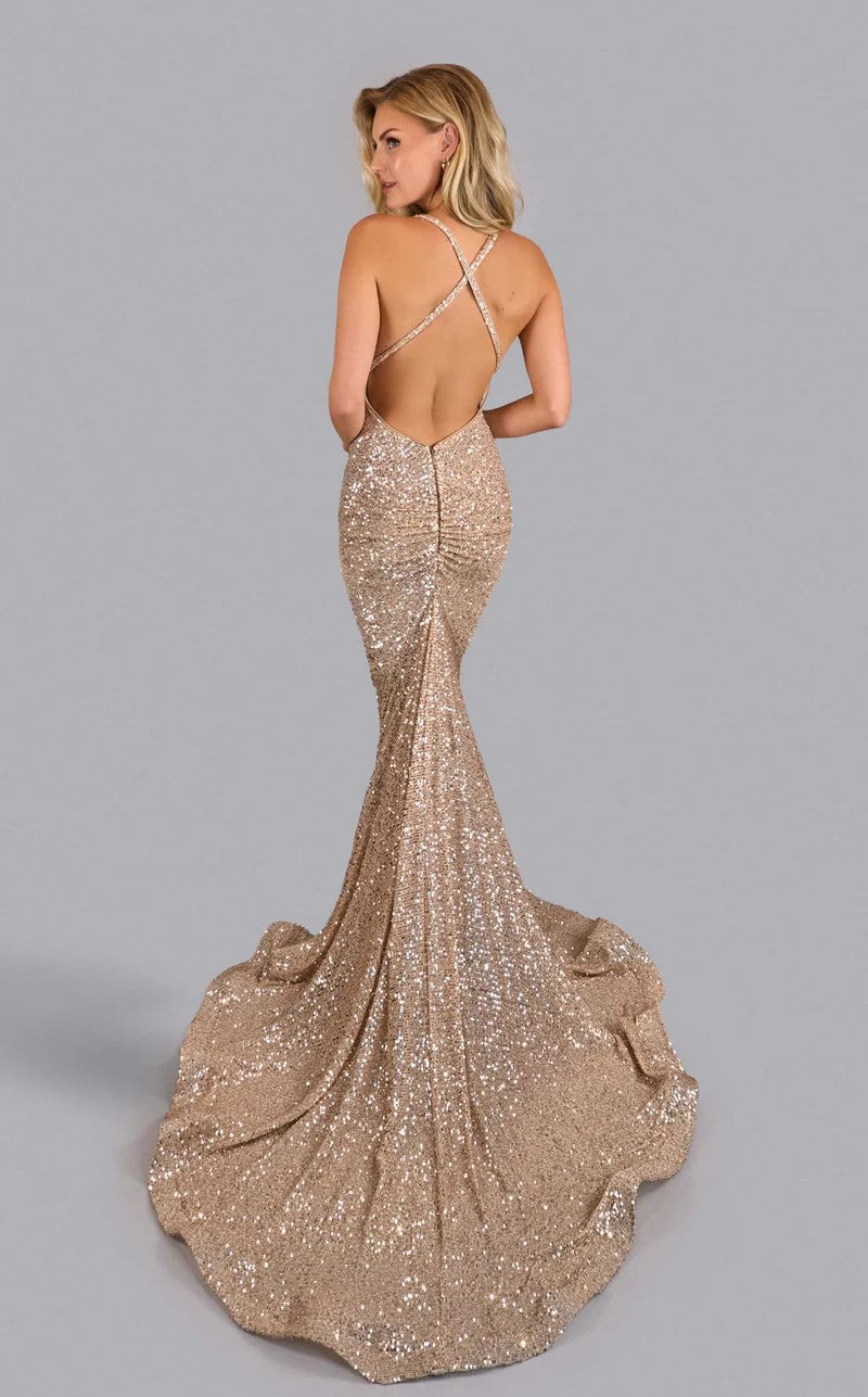Jessica Angel JA2564 Cowl Neck Spaghetti Strap Fitted Open Back Sequin Dress