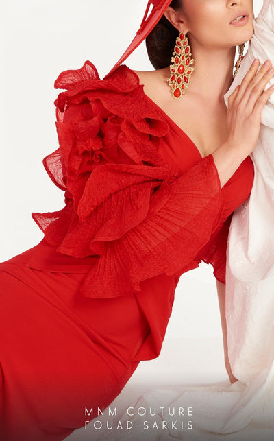 Fouad Sarkis 2574 Red Ruffled Sleeve Mermaid Gown by MNM Couture