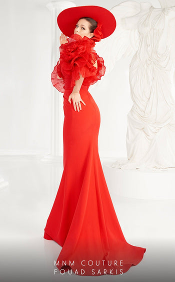 Fouad Sarkis 2574 Red Ruffled Sleeve Mermaid Gown by MNM Couture