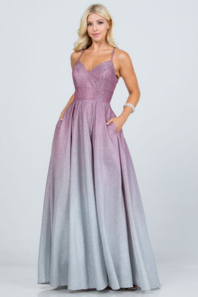 Ombre Glitter Sweetheart A-Line Prom Gown with Lace-Up Back and Pockets by LA Scala 25786