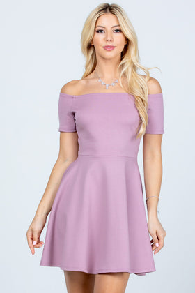 Off Shoulder Short Sleeve Ponte Fit and Flare Skater Party Dress by LA Scala 25795