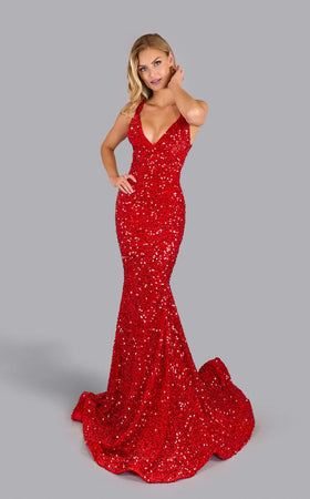 Jessica Angel JA2582 Deep V-Neck Sleeveless Mermaid Prom Sequin Velvet Dress