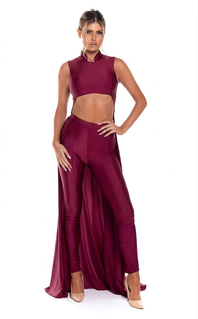 Sleeveless High Neck Cut-Out Jumpsuit with Chiffon Train Fitted Evening Outfit by Jessica Angel 863