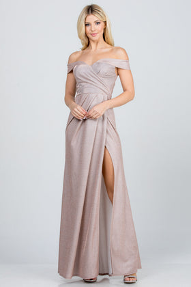 Off Shoulder Sweetheart Glitter Jacquard Gathered Evening Gown with Slit by LA Scala 25854