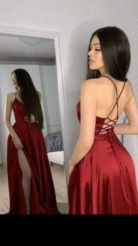 V-Neck Stretch Satin Evening Gown with Zigzag Lace-Up Back and Slit by LA Scala 25895
