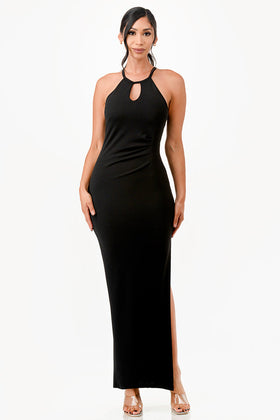 Halter Keyhole Pleated Crepe A-Line Evening Dress with Side Slit by LA Scala 26013