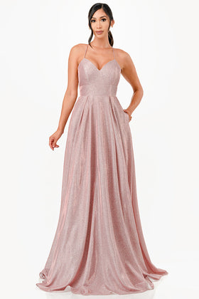 Sweetheart Glitter A-Line Prom Ball Gown with Lace-Up Back and Pockets by LA Scala 26018