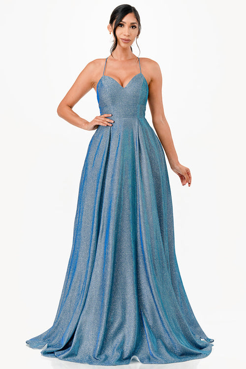 Sweetheart Glitter A-Line Prom Ball Gown with Lace-Up Back and Pockets by LA Scala 26018