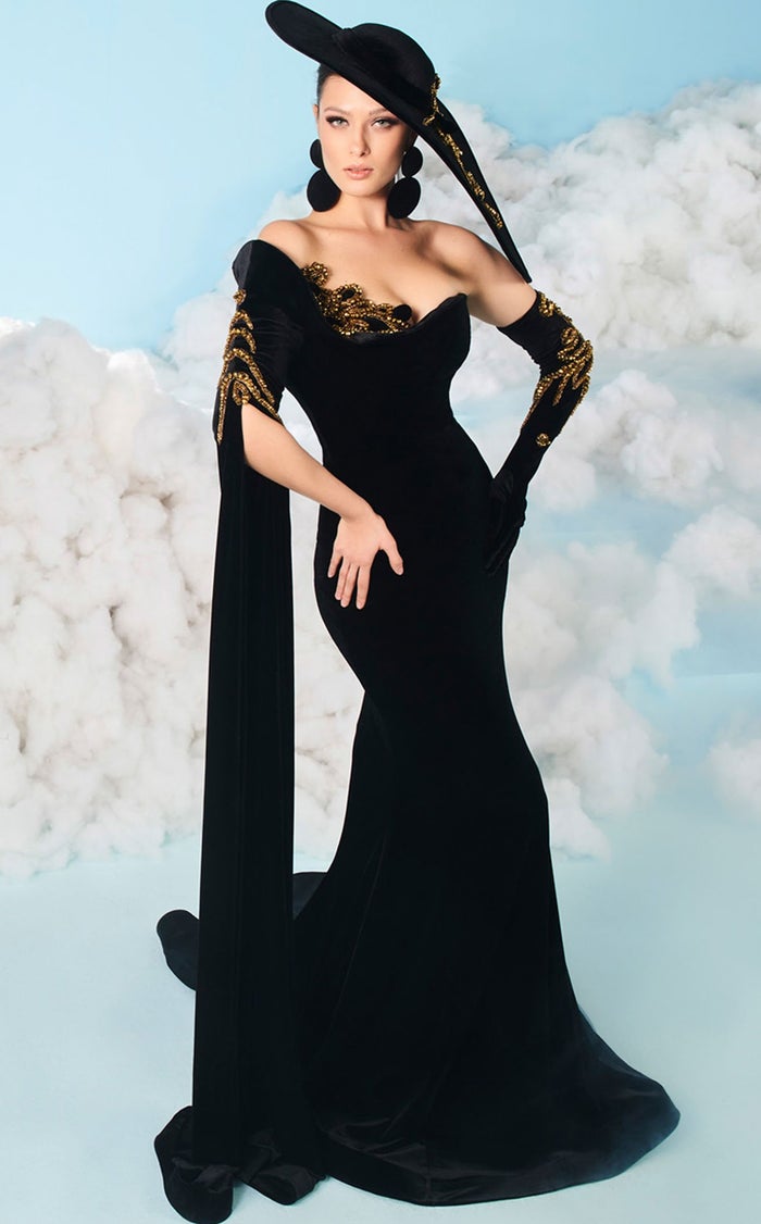 Fouad Sarkis 2606 Black Velvet Gown with Embellished Cape Sleeves