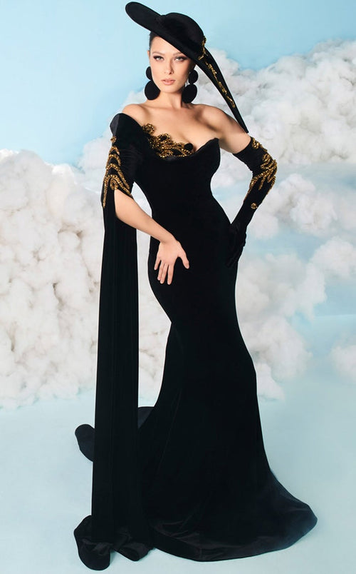 Fouad Sarkis 2606 Black Velvet Gown with Embellished Cape Sleeves