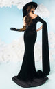 Fouad Sarkis 2606 Black Velvet Gown with Embellished Cape Sleeves