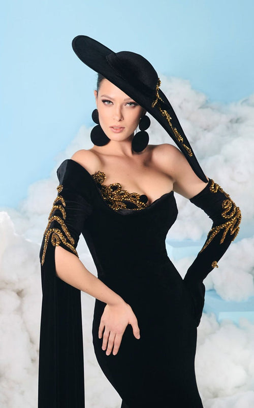 Fouad Sarkis 2606 Black Velvet Gown with Embellished Cape Sleeves