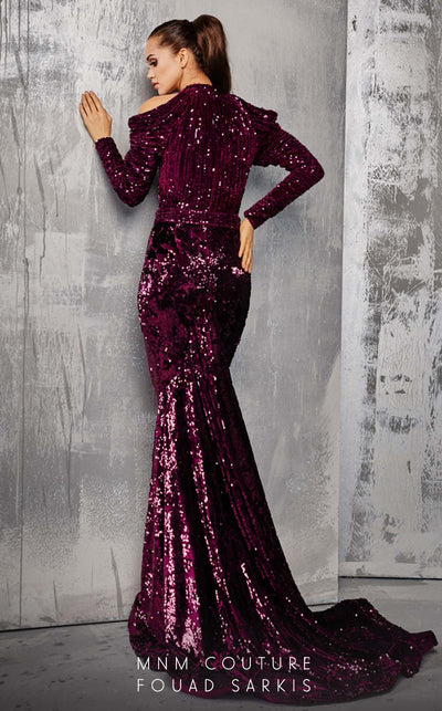 Fouad Sarkis 2607 Magenta Sequin Cold-Shoulder Gown by MNM Couture