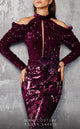 Fouad Sarkis 2607 Magenta Sequin Cold-Shoulder Gown by MNM Couture