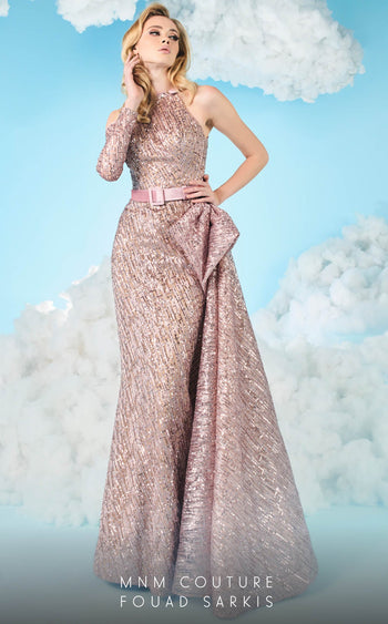 Fouad Sarkis 2609 One-Shoulder Sequin Gown in Pink by MNM Couture