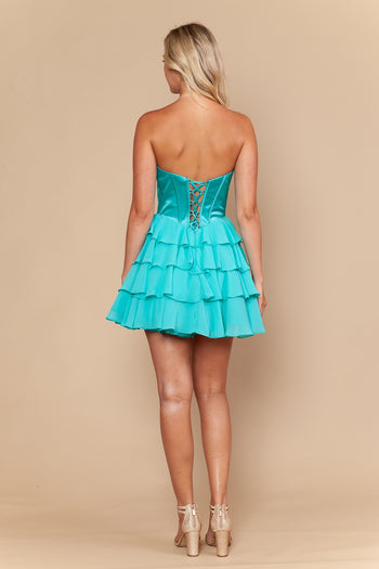 Strapless Tiered Ruffle Chiffon Homecoming Dress Beaded Bodice Corset Short Dress by Poly USA 26134