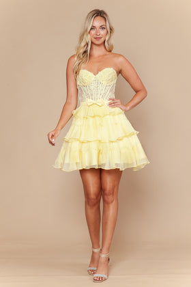 Sequin Lace Corset Tiered Ruffle Short Dress Strapless Sweetheart Homecoming Dress by Poly USA 26136