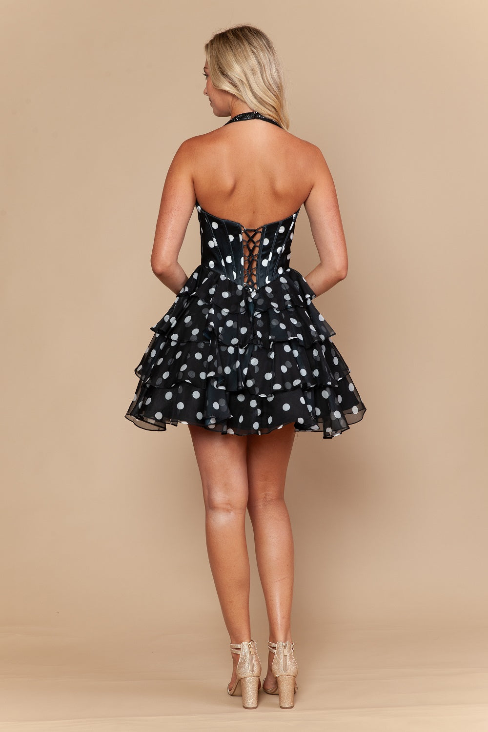 Polka Dot Halter Corset Homecoming Dress with Tiered Ruffle Skirt & Lace-Up Back by Poly USA 26162