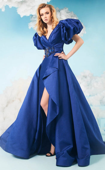 Fouad Sarkis 2616 Puff Sleeve High-Slit Gown in Blue by MNM Couture