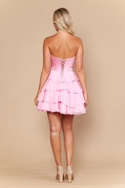 Strapless Corset Short Dress Floral Lace Appliqué Tiered Ruffle Homecoming Dress by Poly USA 26170