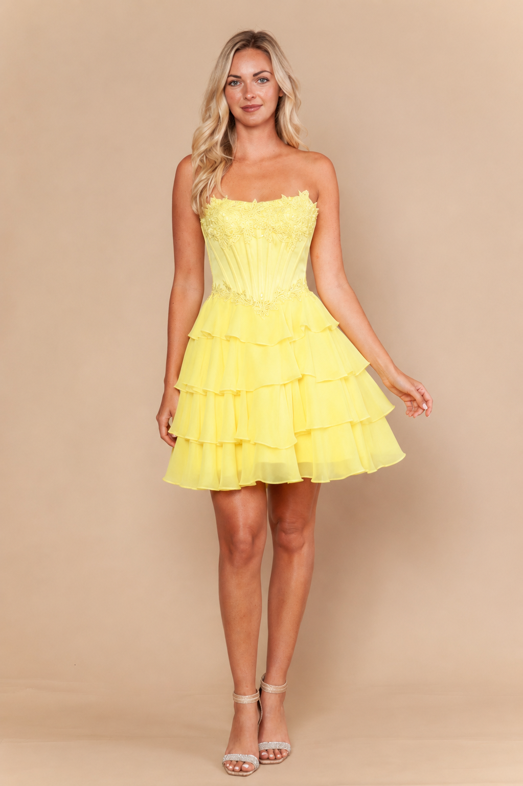 Strapless Corset Short Dress Floral Lace Appliqué Tiered Ruffle Homecoming Dress by Poly USA 26170