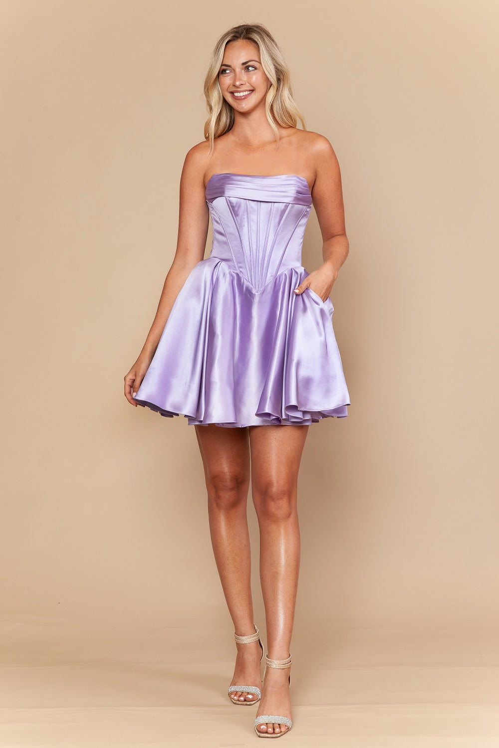 Strapless Satin Corset Short Homecoming Dress with Pockets & Lace-Up Bow Back by Poly USA 26176