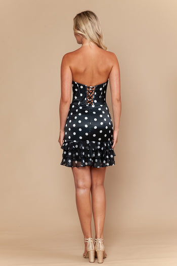 Strapless Lace-Up Back Ruffle Hem Cocktail Dress Polka Dot Corset Short Dress by Poly USA 26184