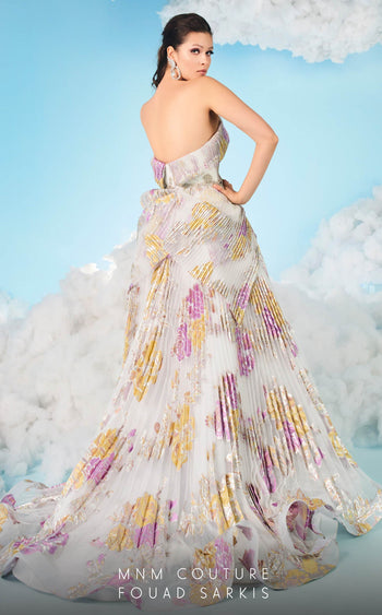 Fouad Sarkis 2619 Strapless Metallic Floral Ball Gown in White