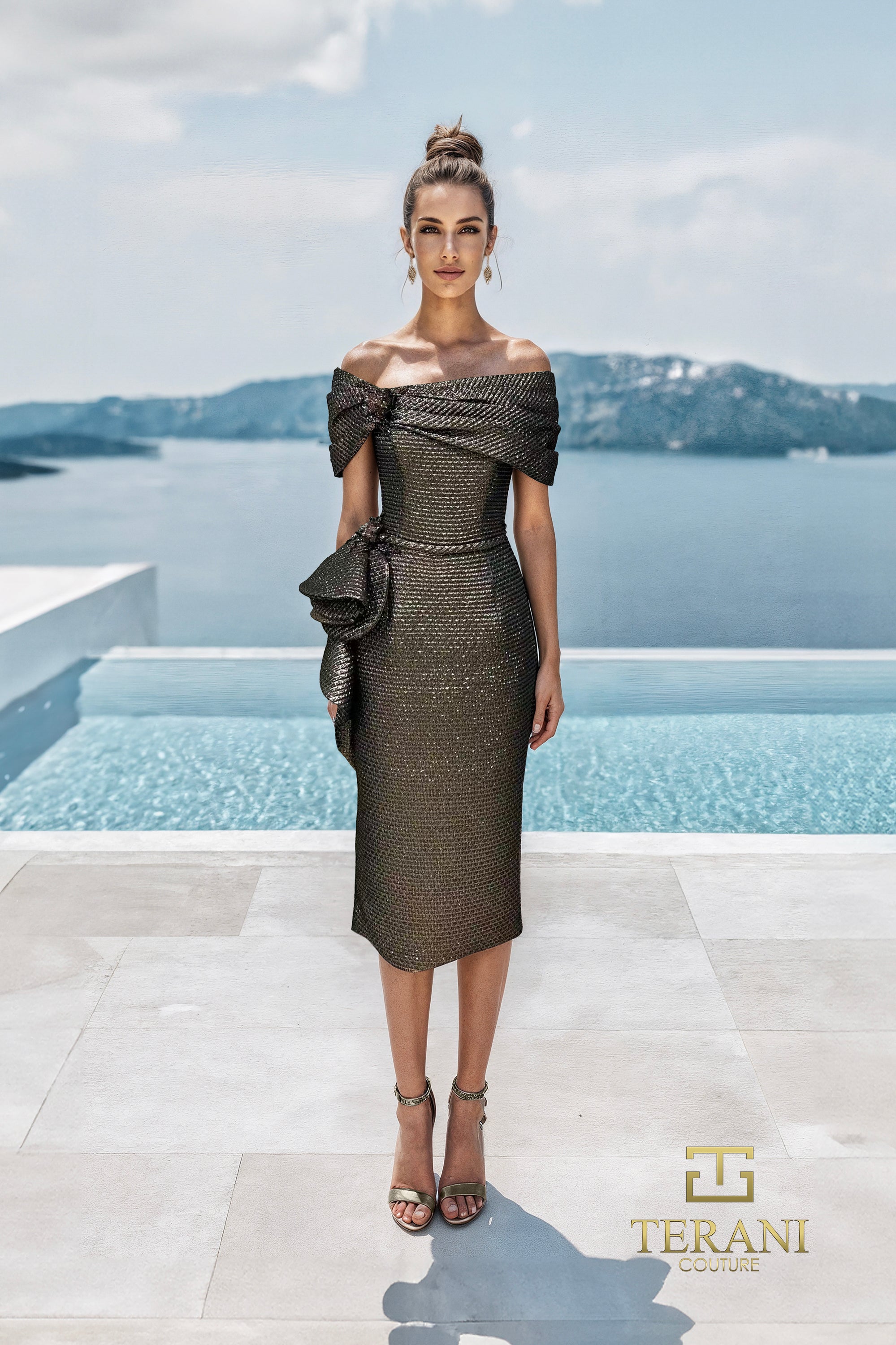 Terani Couture 261C6523 Cocktail Off-Shoulder Ruffled Formal Metallic Jacquard Dress