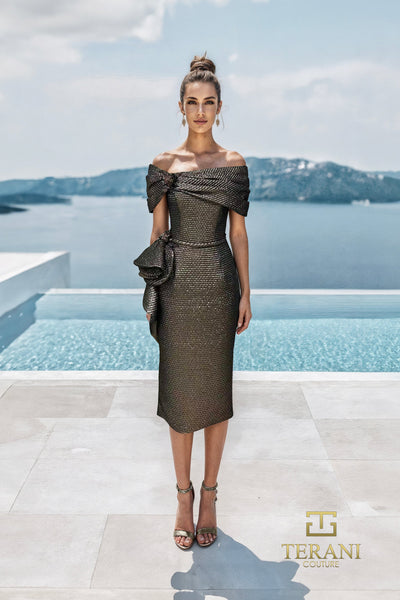 Terani Couture 261C6523 Cocktail Off-Shoulder Ruffled Formal Metallic Jacquard Dress